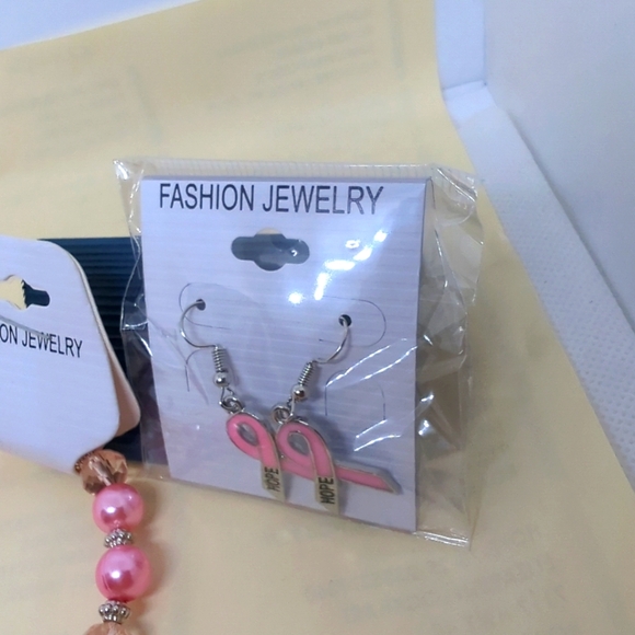 Breast Cancer HOPE Pink RIBBON Bracelet & Matching Earrings French Wires 3 PCS - Picture 9 of 12
